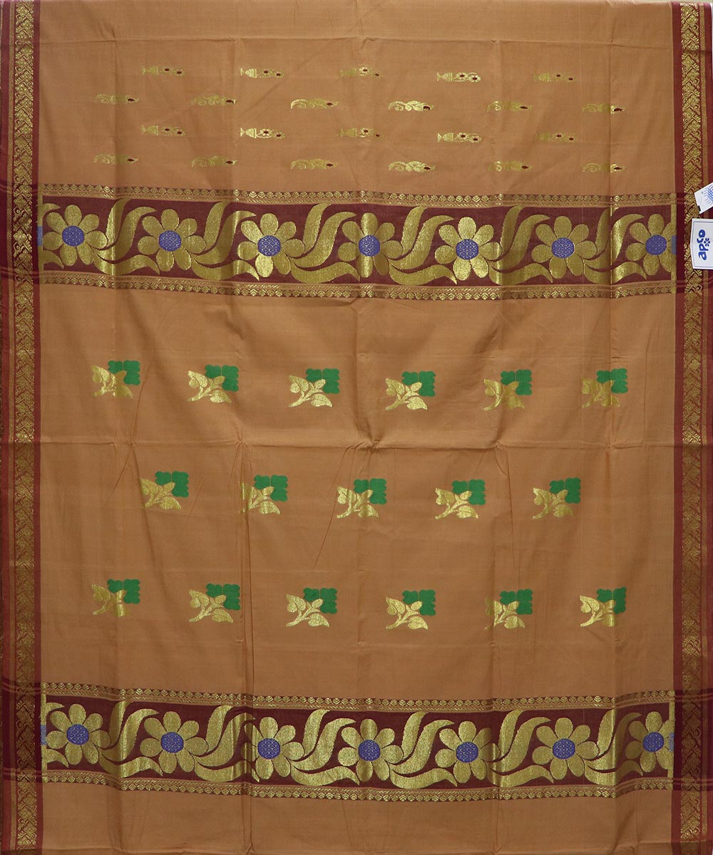 Brown handloom cotton bandar saree
