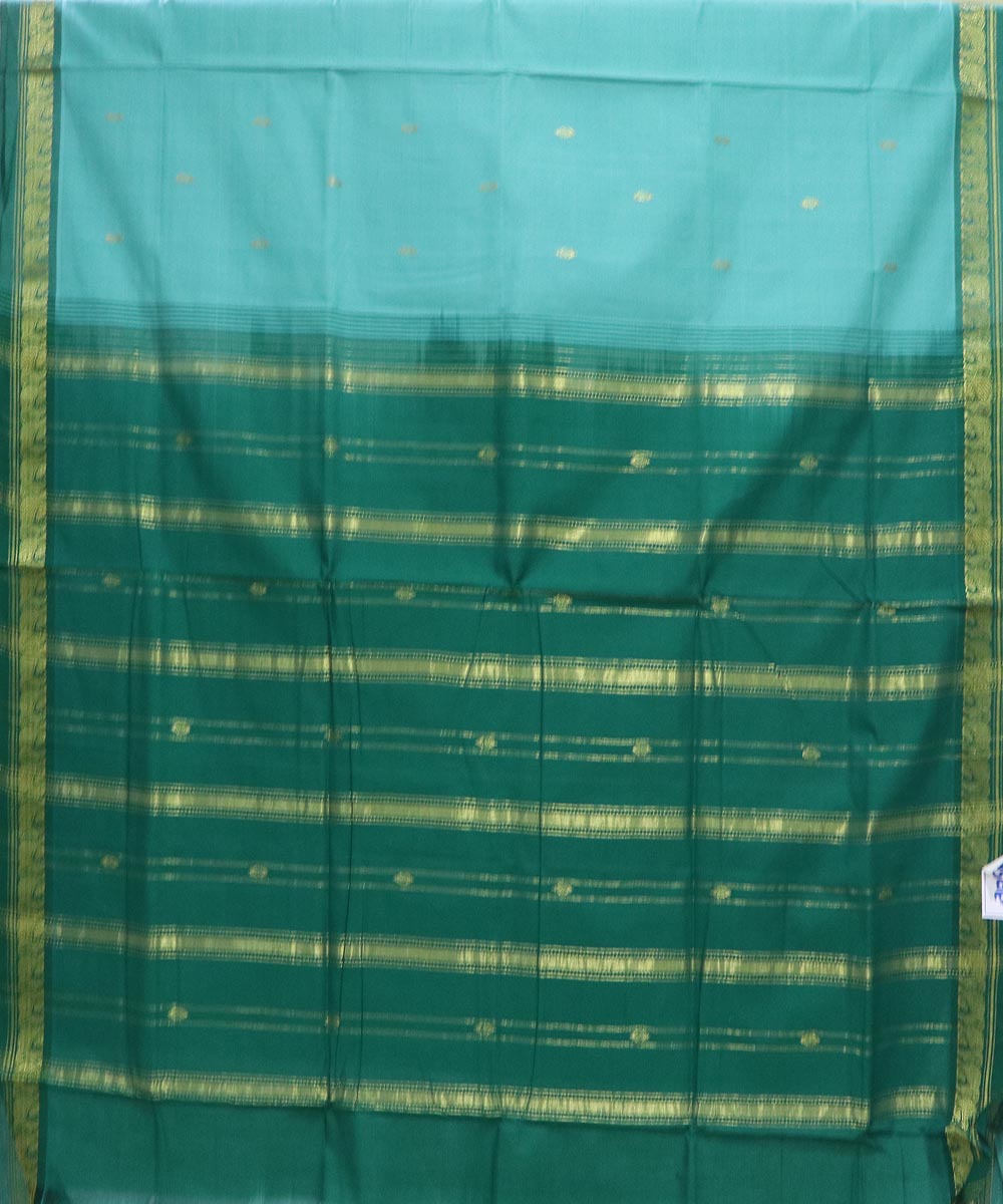 Sky blue and green handloom cotton bandar saree