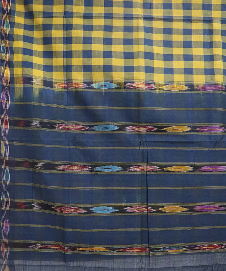 Navy blue and yellow checks handloom cotton bandar saree
