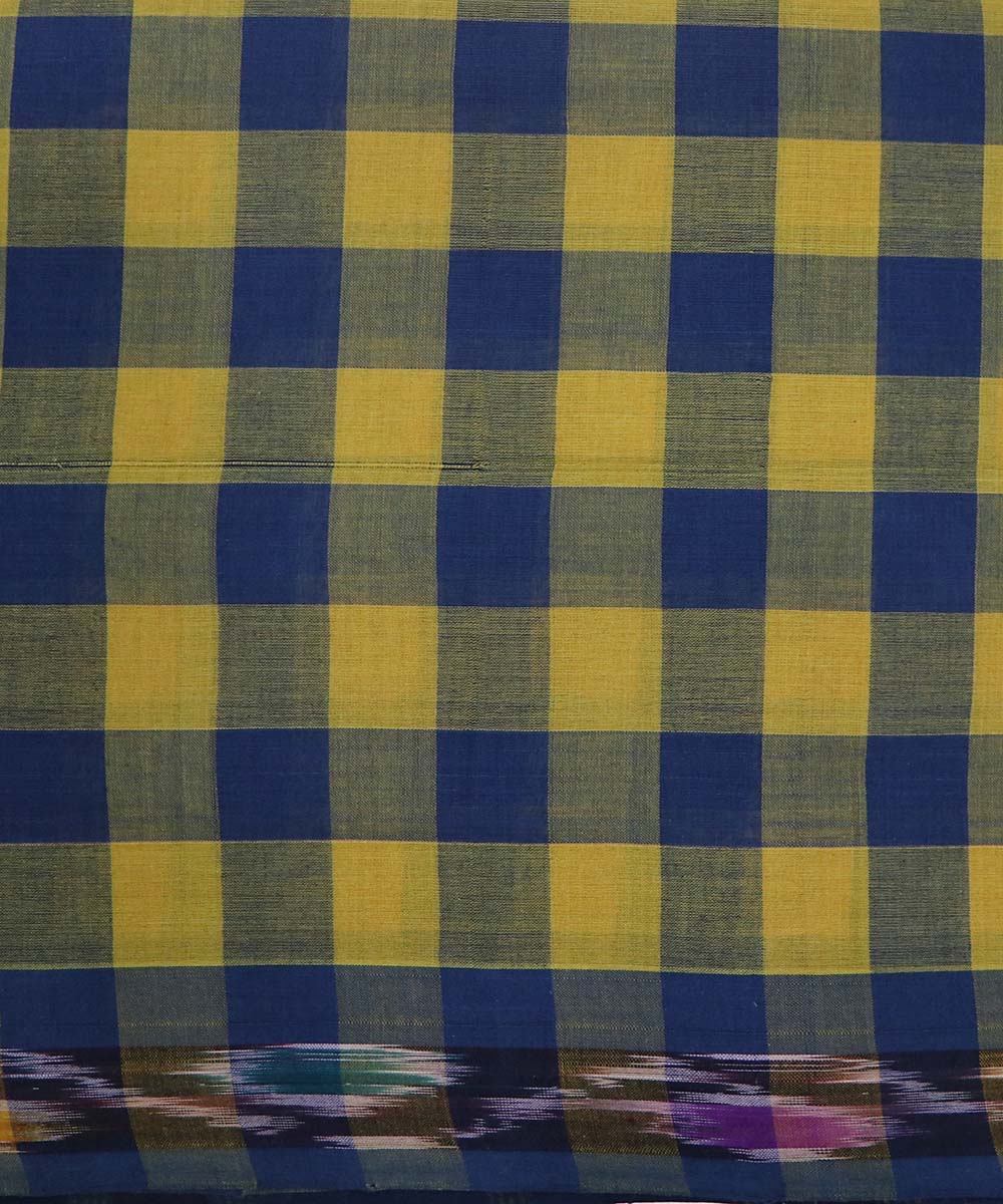 Navy blue and yellow checks handloom cotton bandar saree