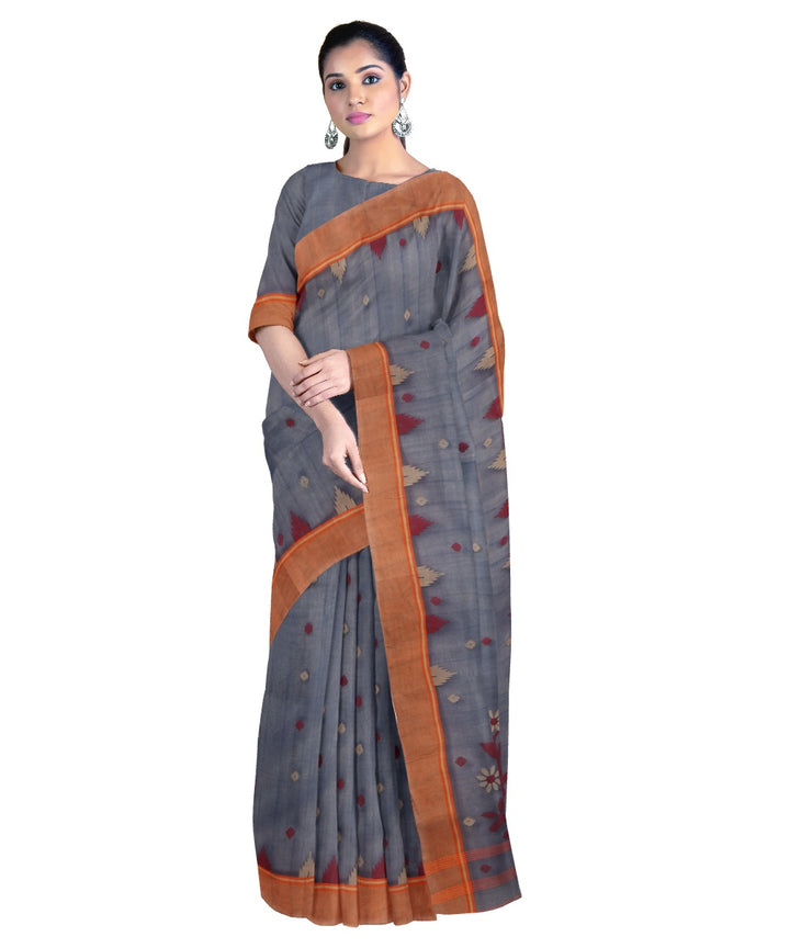 Tantuja grey black handloom cotton silk jamdani saree