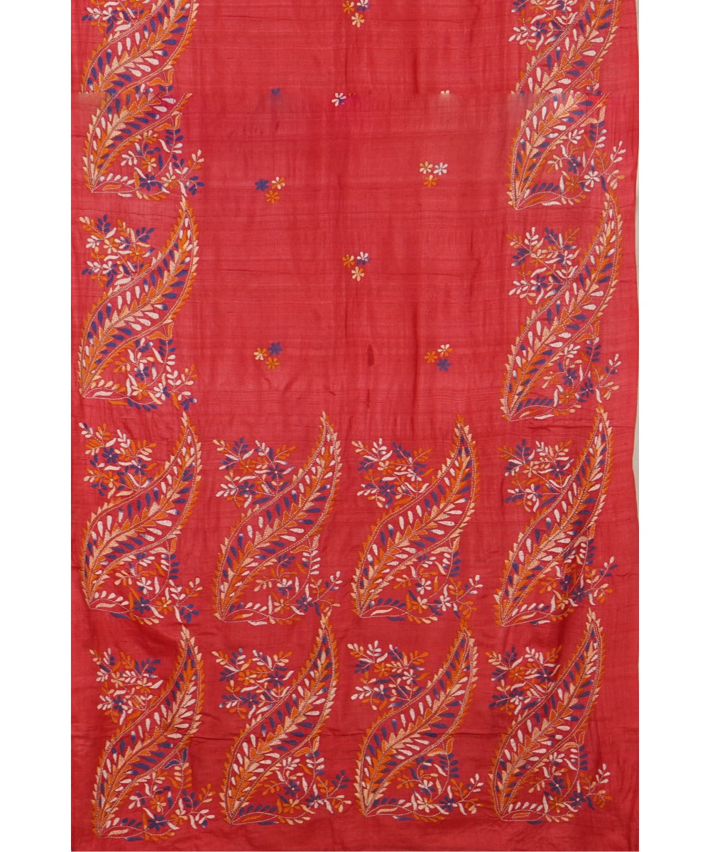 Tantuja red handloom cotton hand embroidery kantha stitch saree