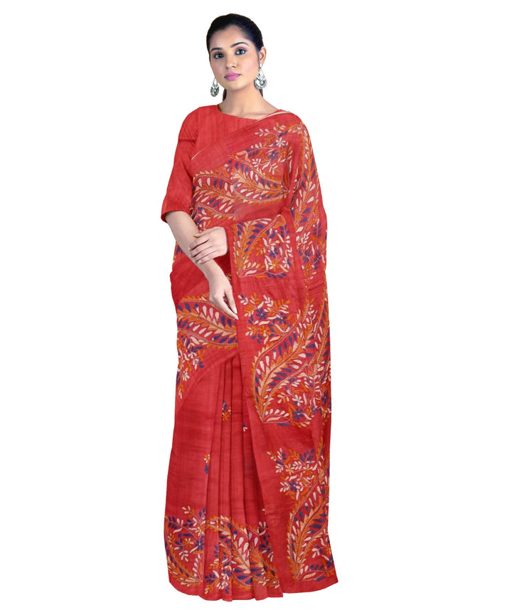 Tantuja red handloom cotton hand embroidery kantha stitch saree