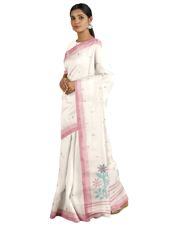 Tantuja white and mauve handloom cotton jamdani saree