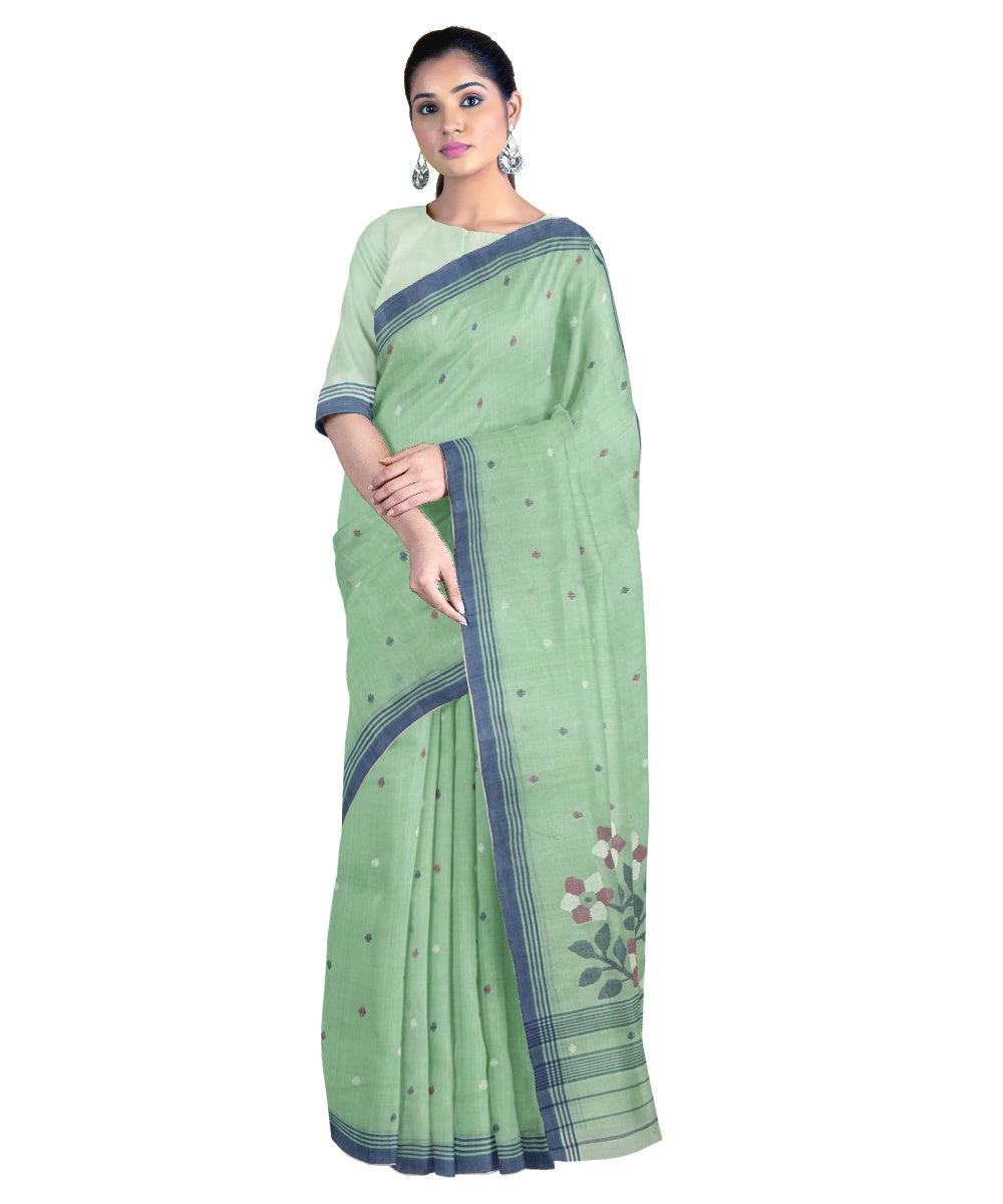 Tantuja teal green handloom cotton jamdani saree