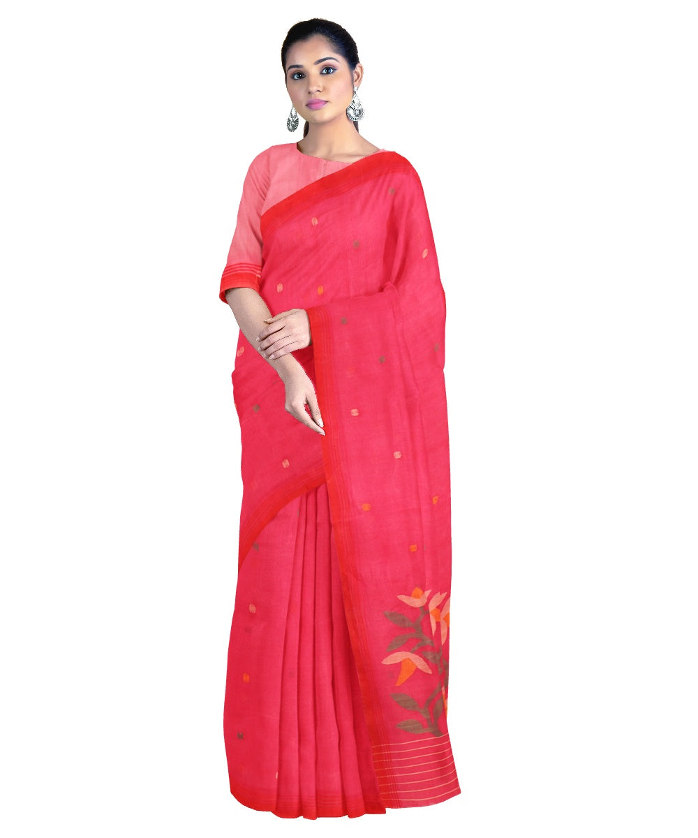 Tantuja red pink handloom cotton jamdani saree
