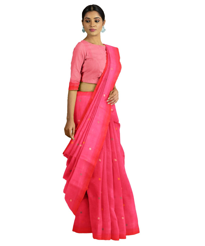 Tantuja red pink handloom cotton jamdani saree