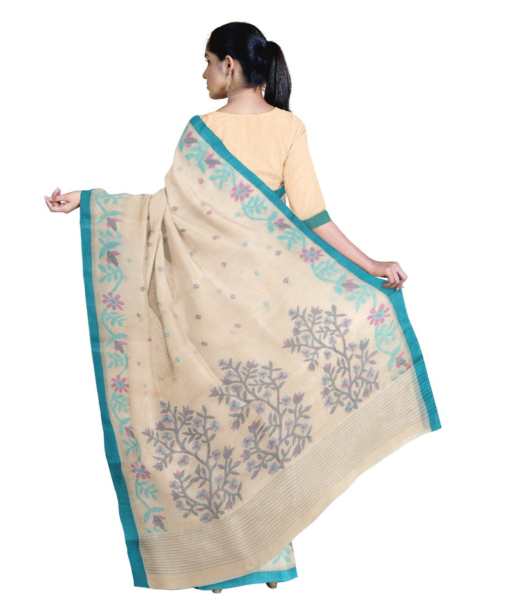 Tantuja beige and blue handwoven cotton jamdani saree