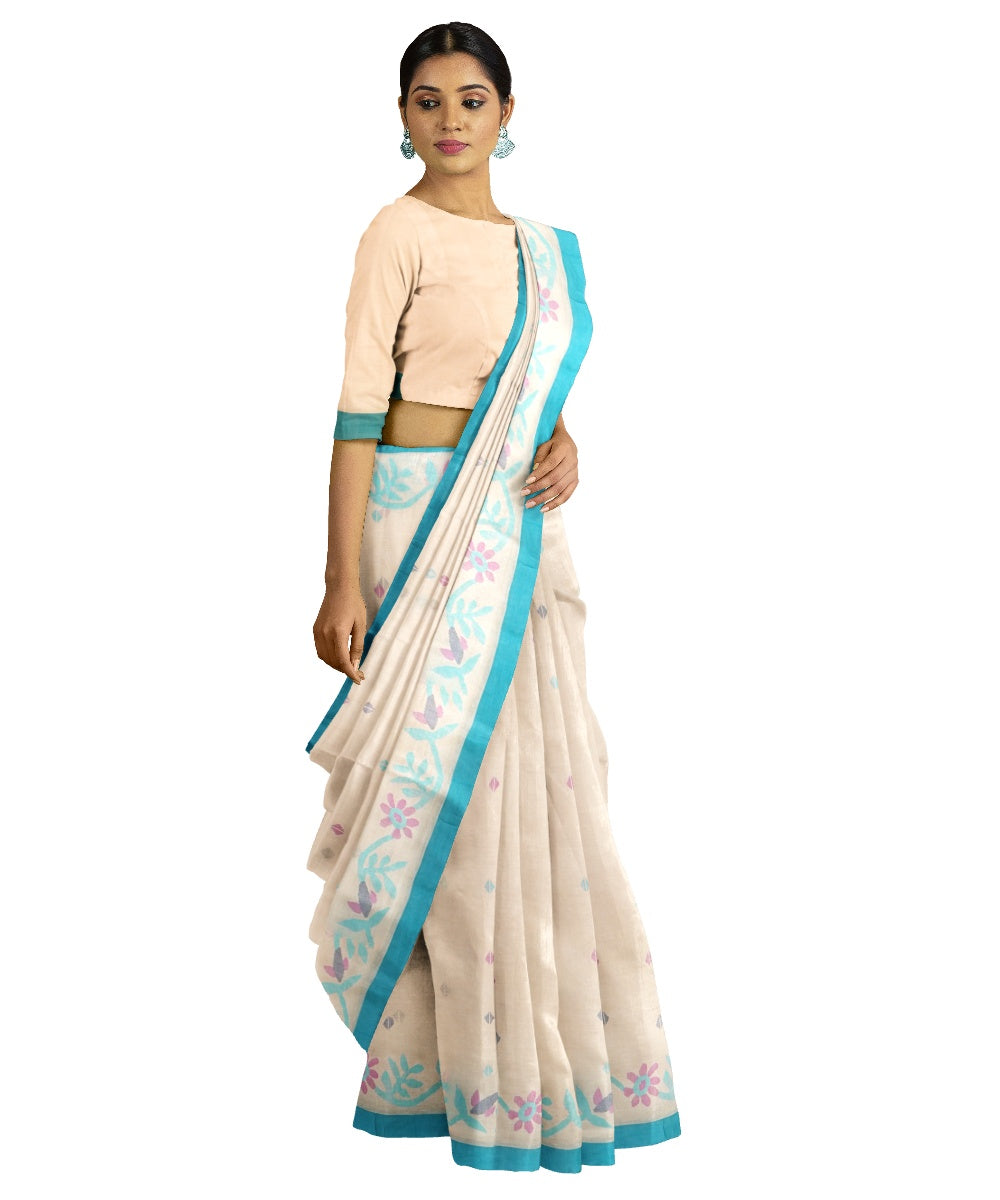Tantuja beige and blue handwoven cotton jamdani saree