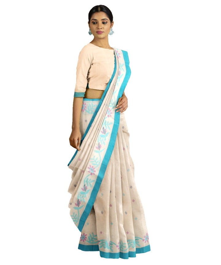 Tantuja beige blue handloom cotton jamdani saree