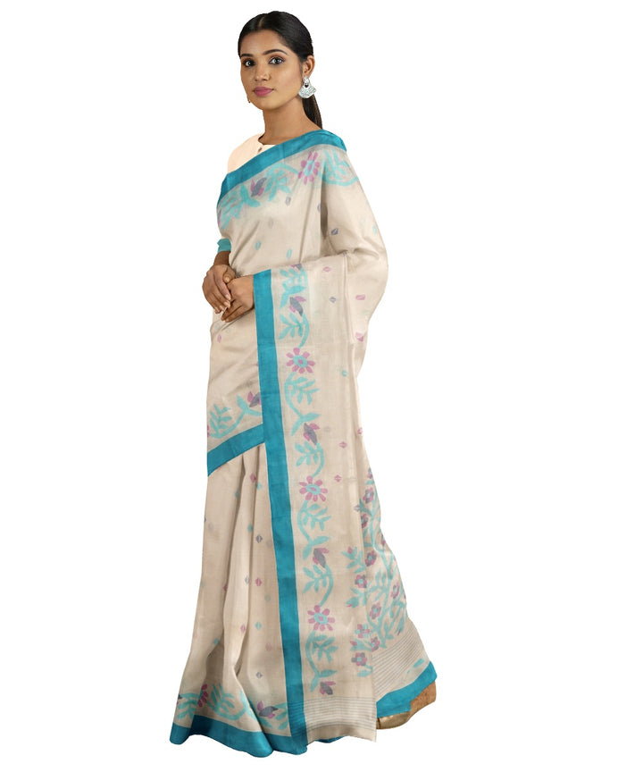 Tantuja beige blue handloom cotton jamdani saree