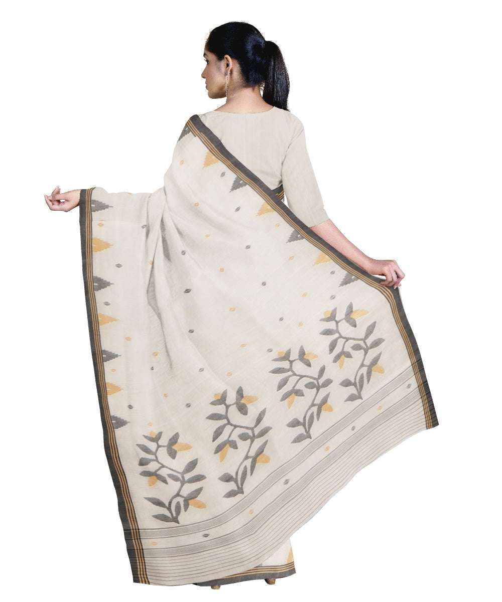 Tantuja cream grey handloom cotton silk jamdani saree