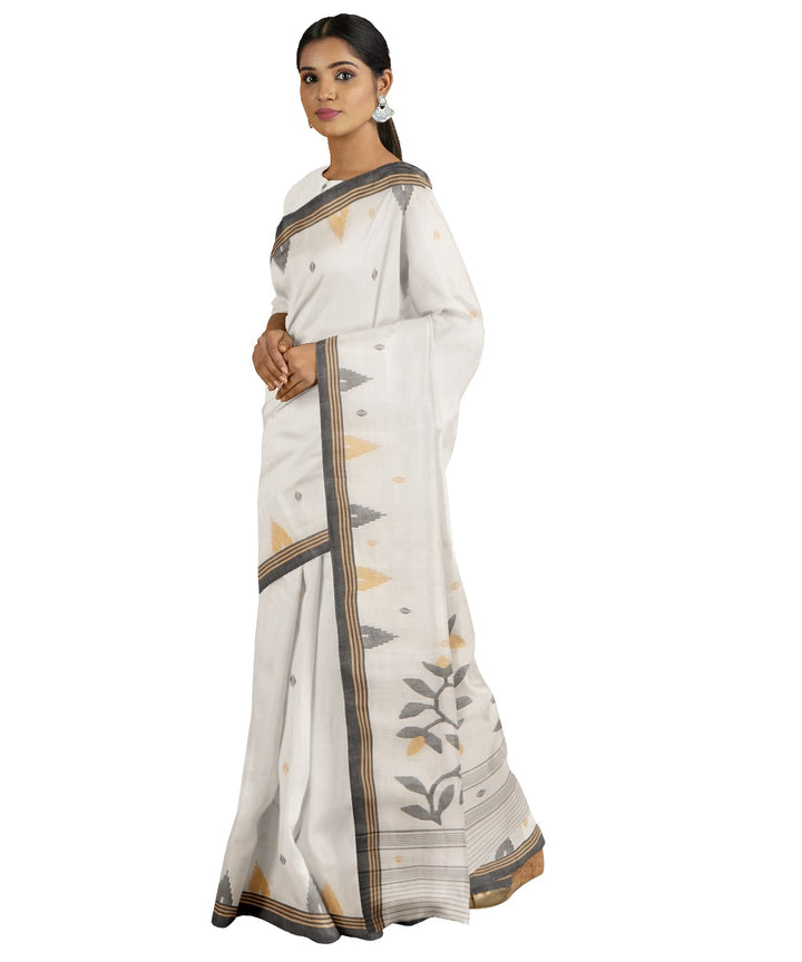 Tantuja cream grey handloom cotton silk jamdani saree