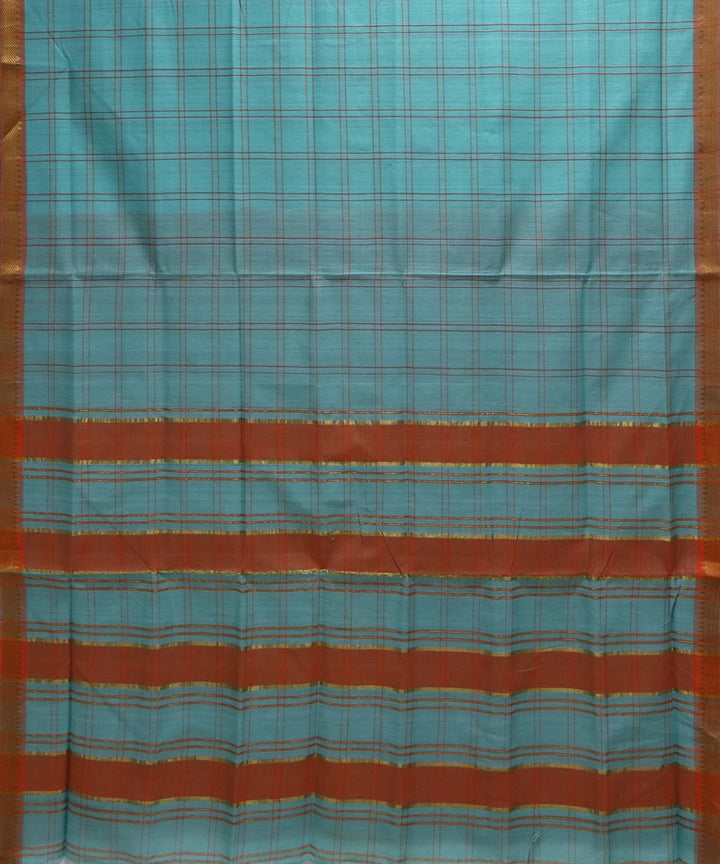 Sea blue orange checks handloom cotton mangalagiri saree