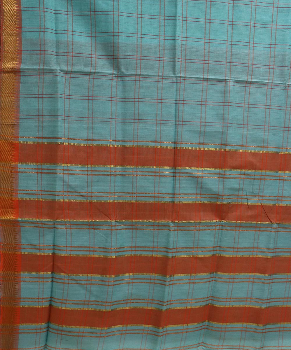 Sea blue orange checks handloom cotton mangalagiri saree