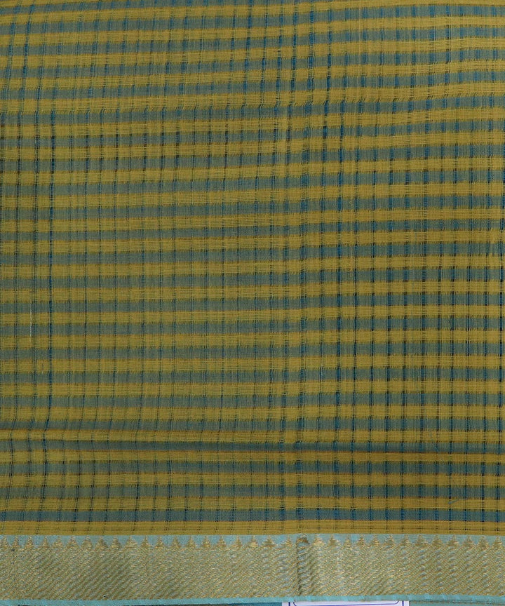 Moss green yellow checks handloom cotton mangalagiri saree