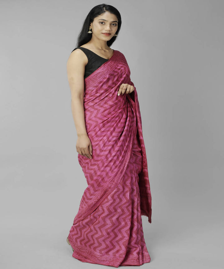 Dark pink bagru handblock printed tussar silk saree