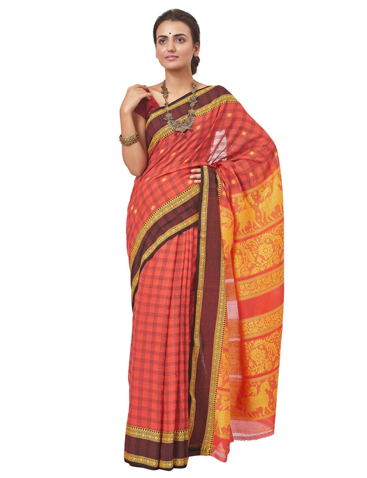 Biswa bangla handwoven red Hand Spun Pure Cotton Saree