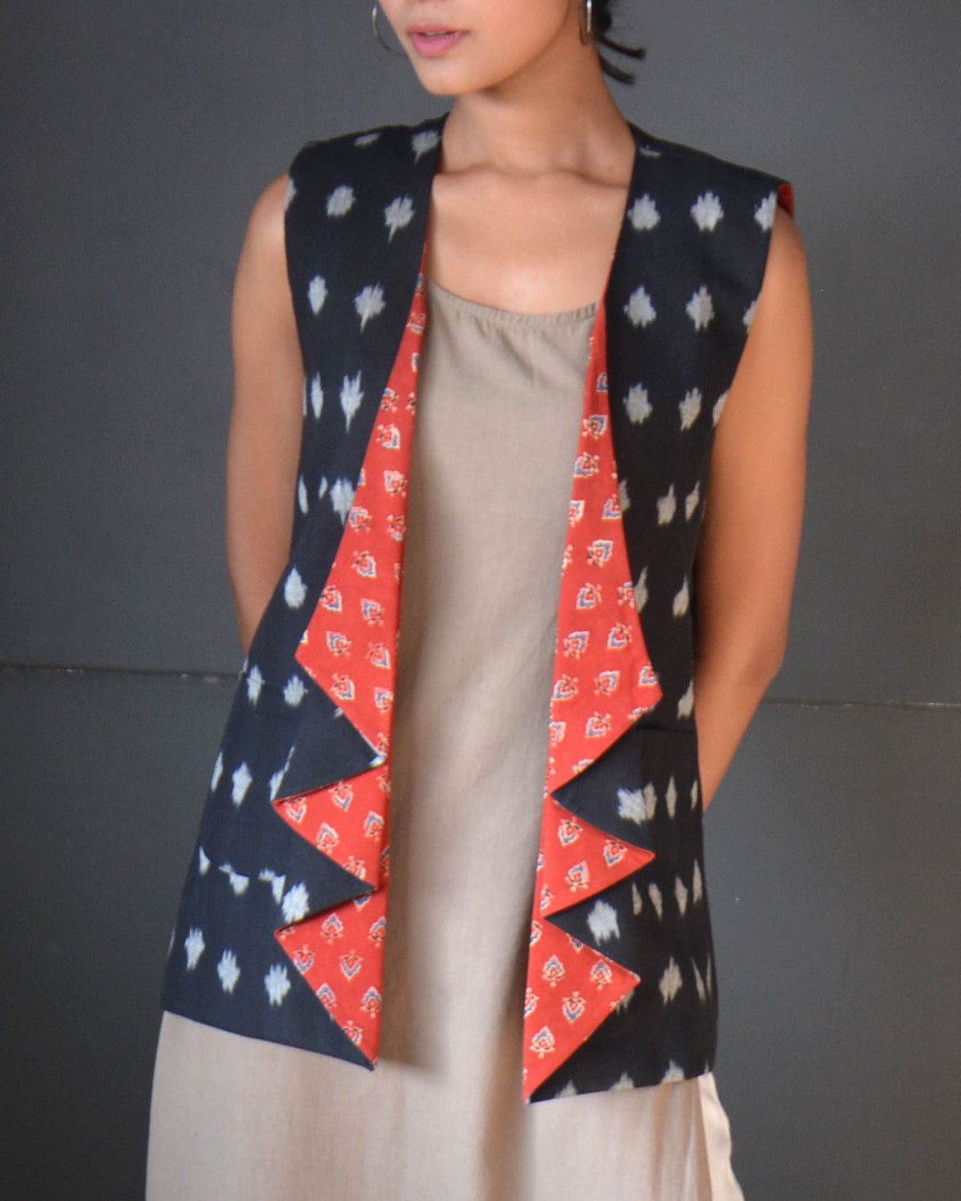 Black handcrafted cotton ikat reverible jacket