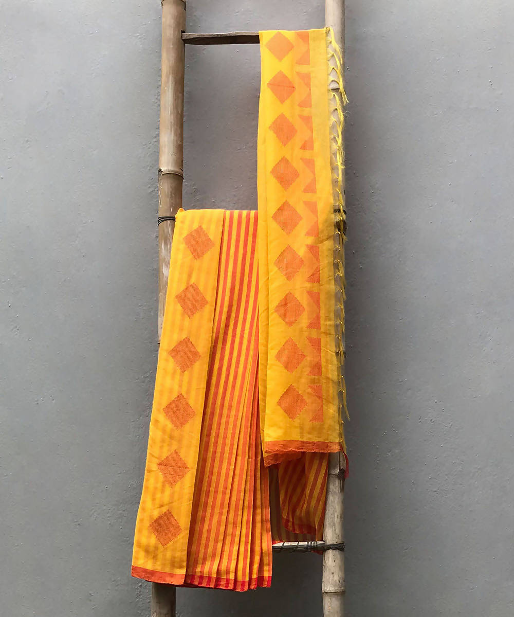 Red yellow handwoven extra weft cotton silk saree