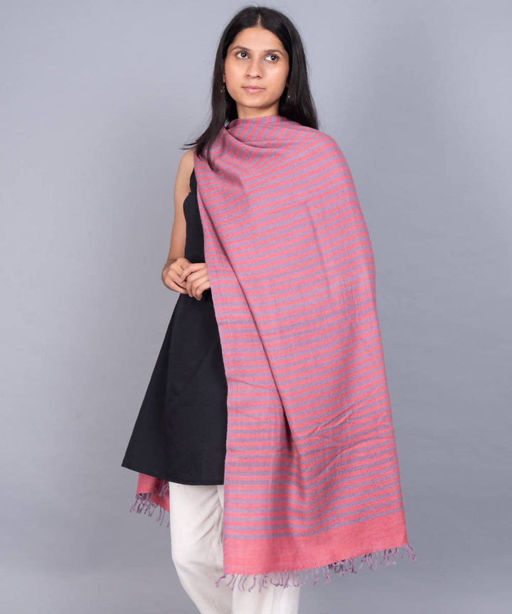 Pink lilac stripe handwoven panchachuli wool blend pashmina stole