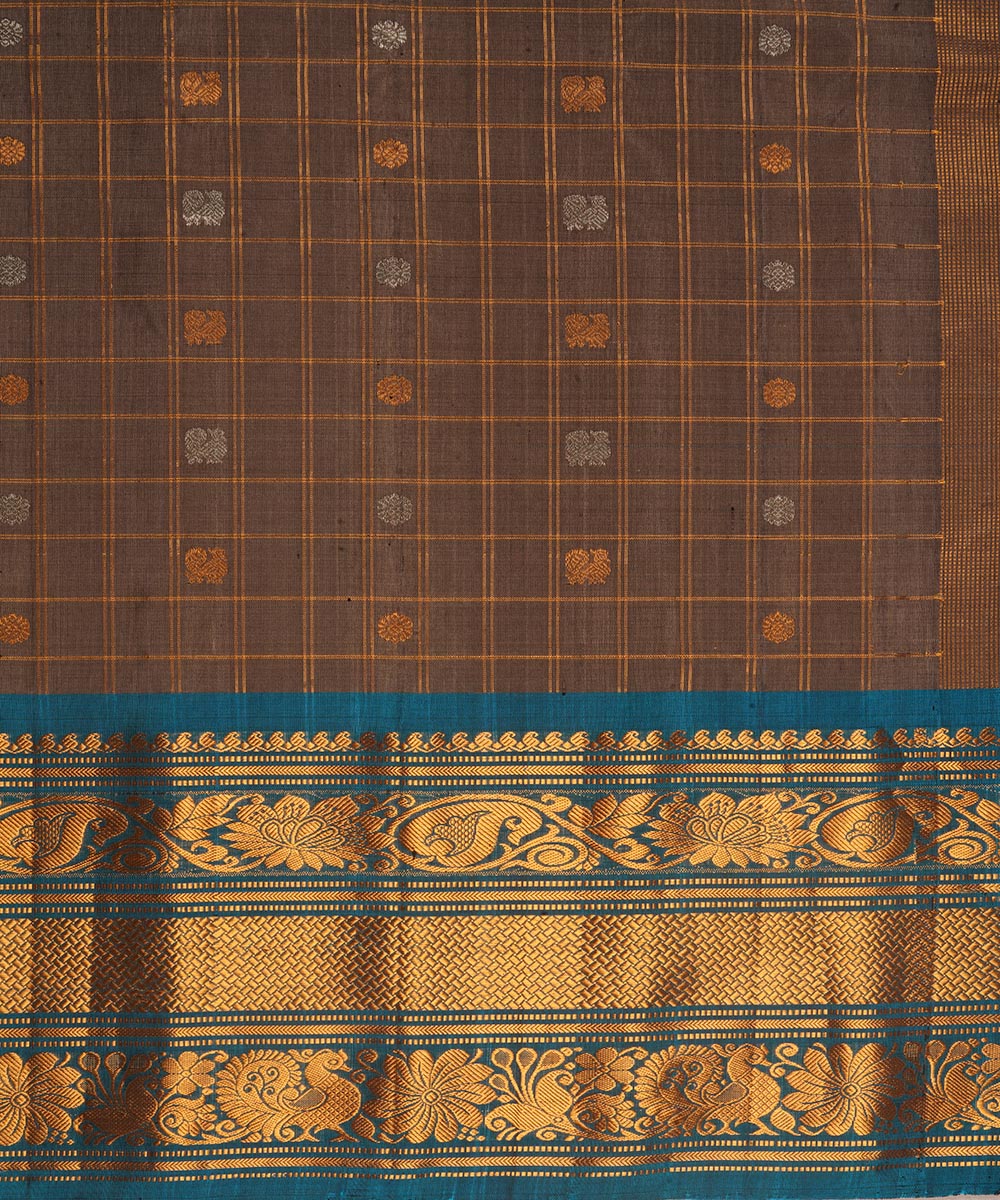 Brown blue silk handwoven gadwal saree