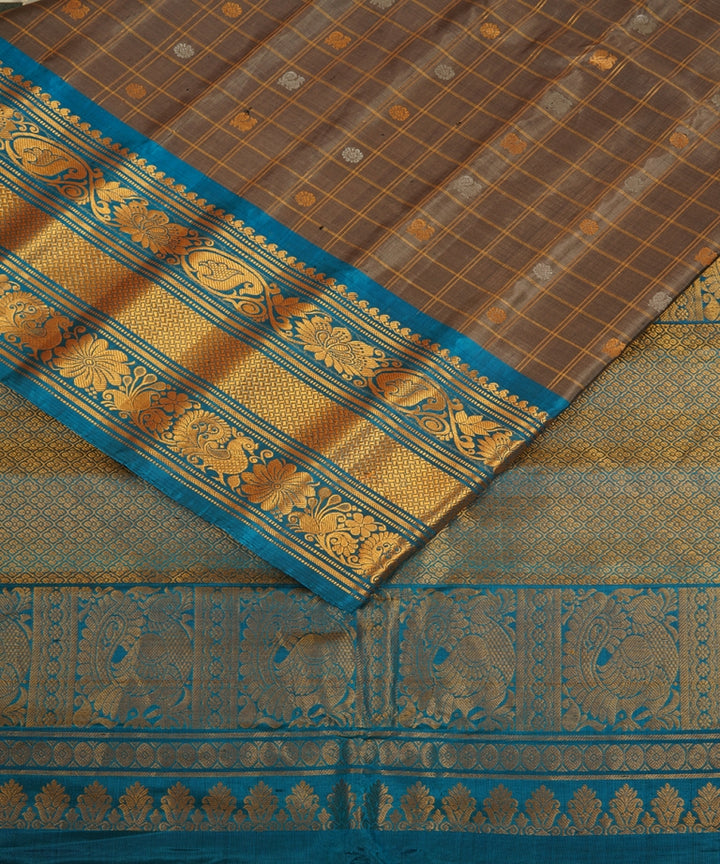 Brown blue silk handwoven gadwal saree