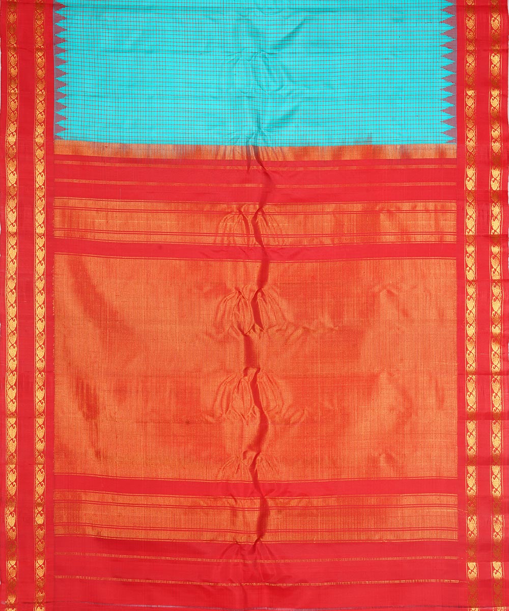 Sky blue and red silk handwoven gadwal saree