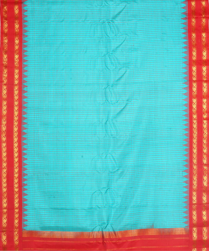 Sky blue and red silk handwoven gadwal saree