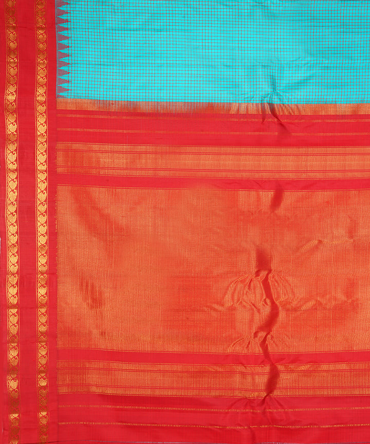 Sky blue and red silk handwoven gadwal saree