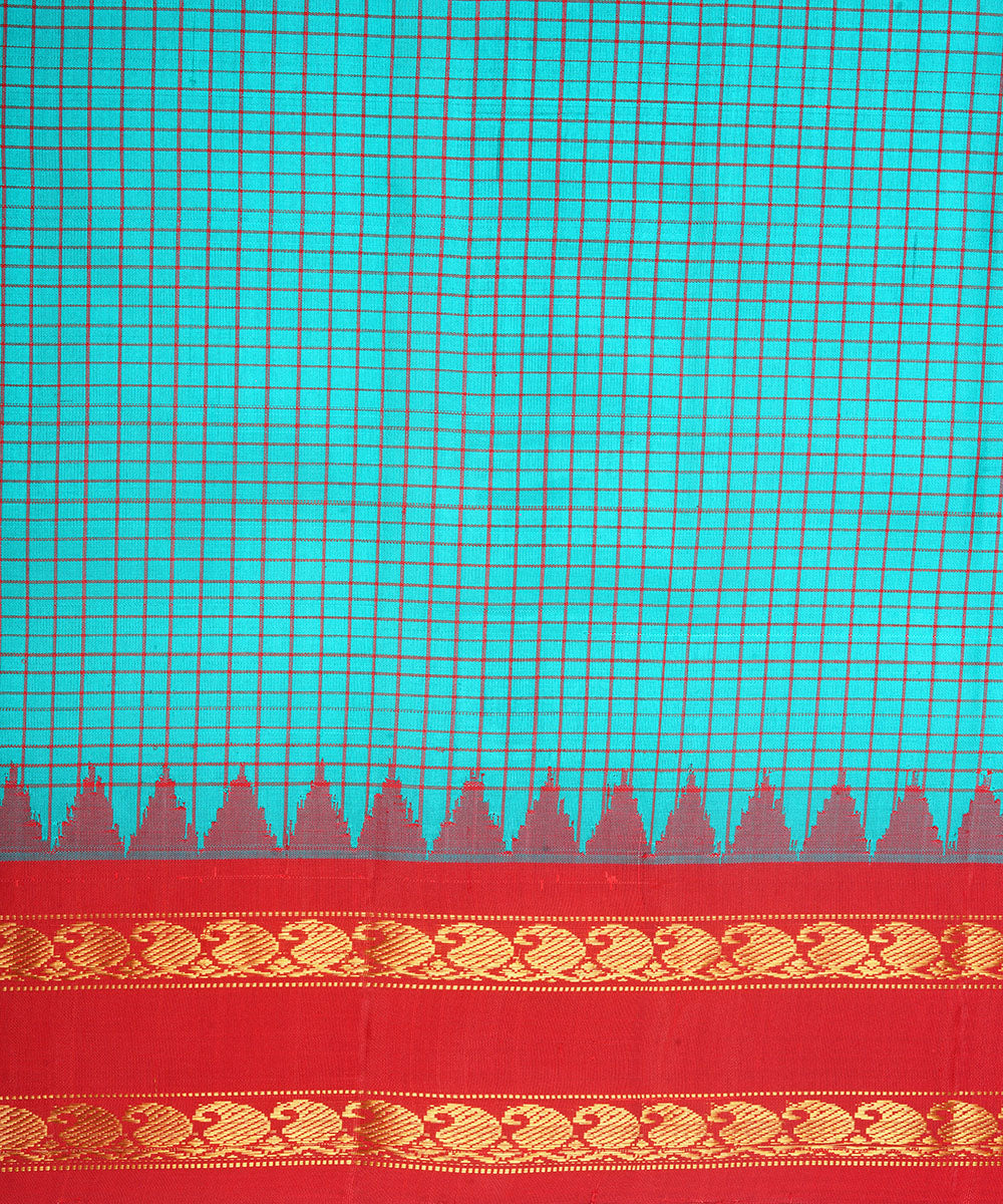 Sky blue and red silk handwoven gadwal saree