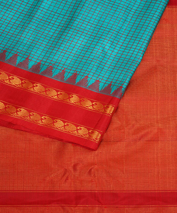 Sky blue and red silk handwoven gadwal saree