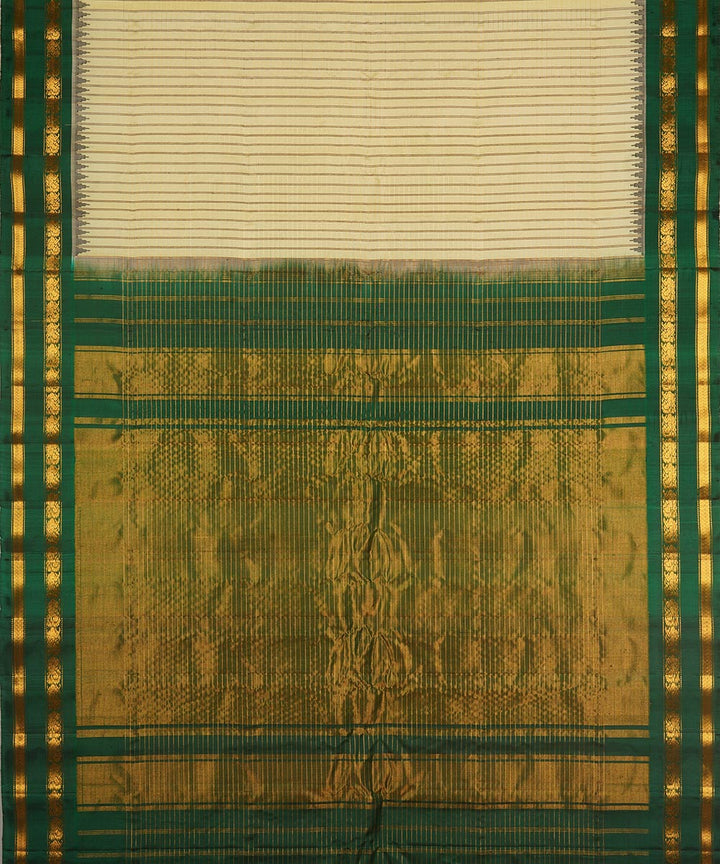 Cream and dark green silk handwoven gadwal saree