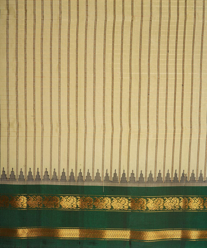 Cream and dark green silk handwoven gadwal saree