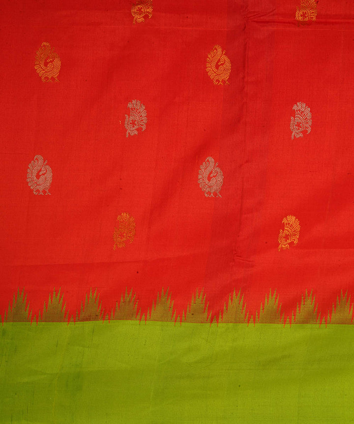 Red and light green silk handwoven gadwal saree