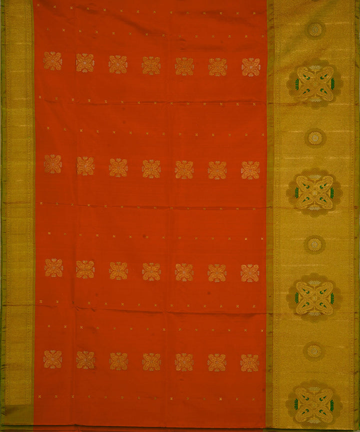 Orange and lime green silk handwoven gadwal saree