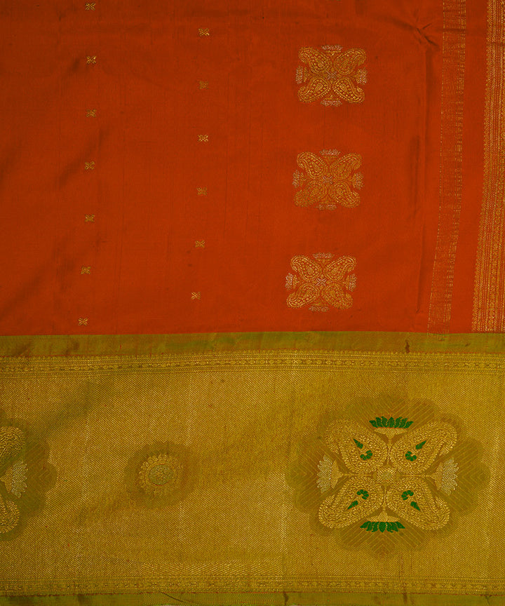 Orange and lime green silk handwoven gadwal saree