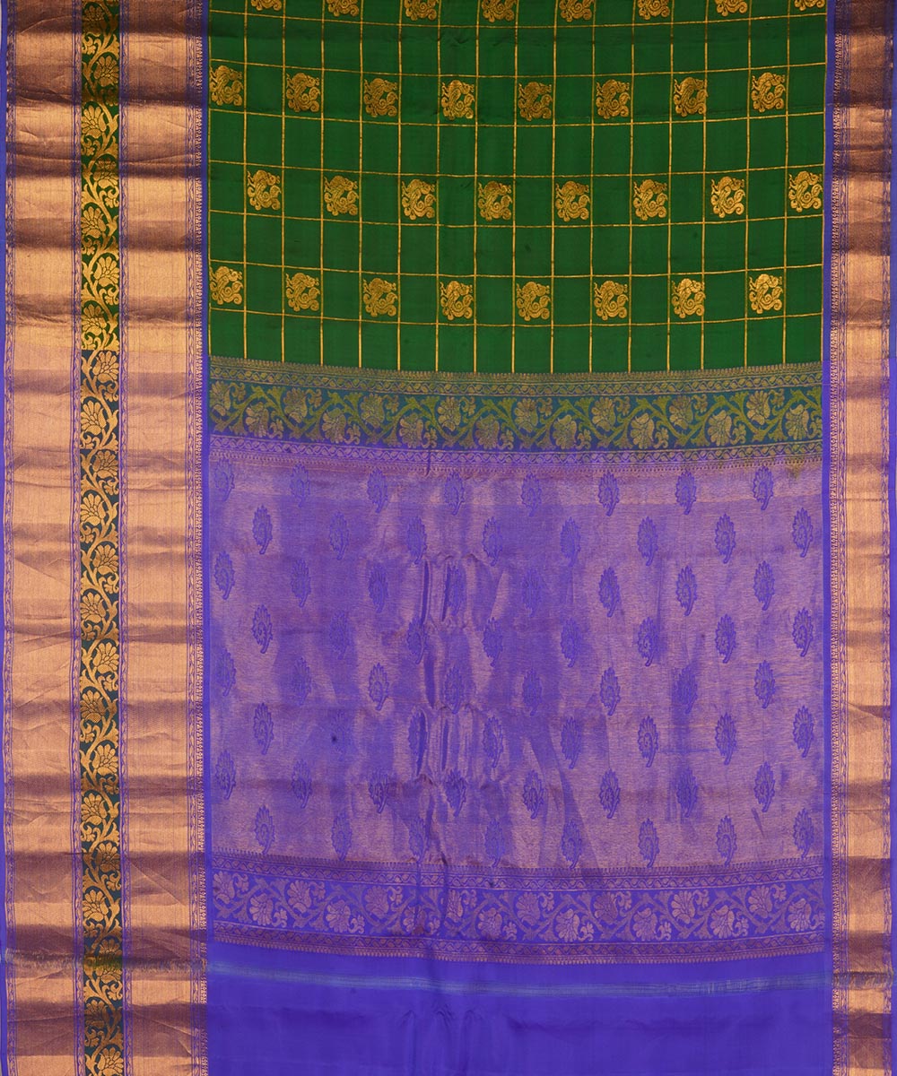 Dark green and blue silk handwoven gadwal saree