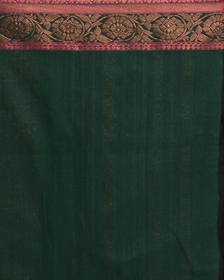 Dark green pink handwoven cotton bengal saree