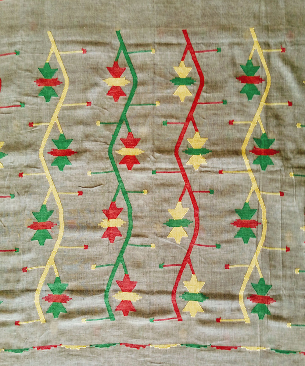 Grey red handwoven cotton jamdani saree