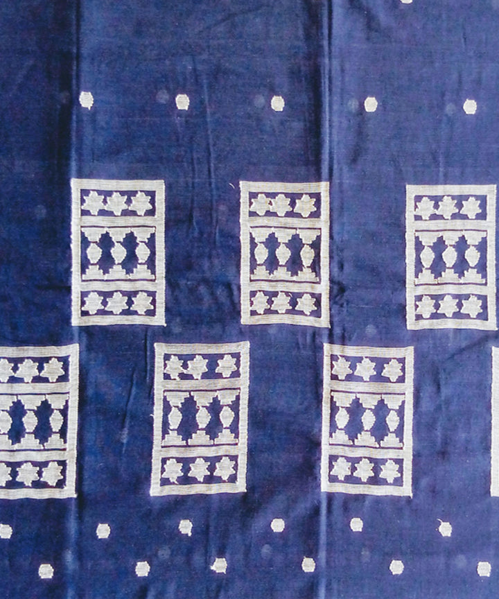 Navy blue white handwoven cotton jamdani saree