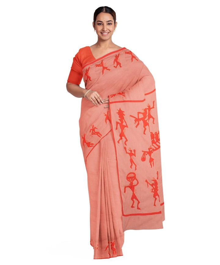 Biswa bangla orange cotton hand embroidery applique work saree
