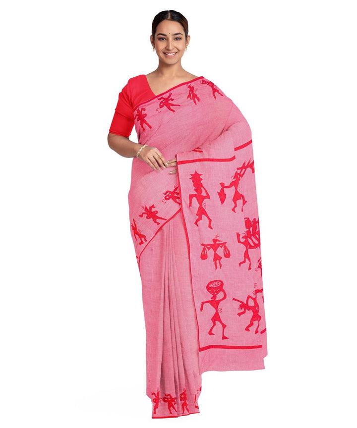 Biswa bangla red white cotton hand embroidery applique work saree
