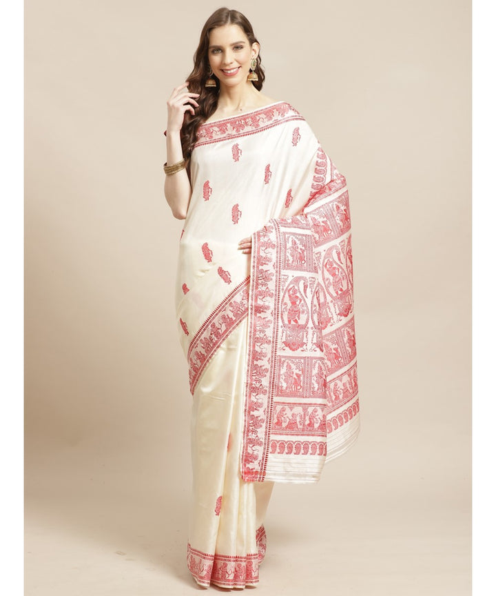 Biswa bangla cream red silk handwoven baluchari saree