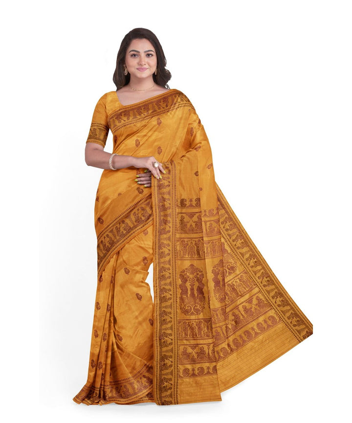 Biswa bangla mustard brown silk handwoven baluchari saree