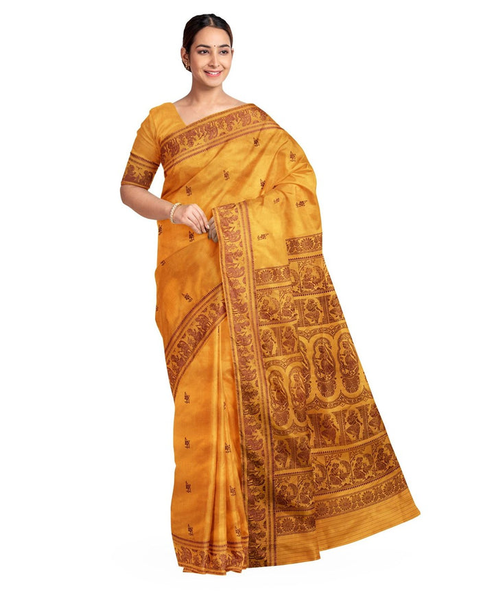 Biswa bangla mustard brown silk handloom baluchari saree