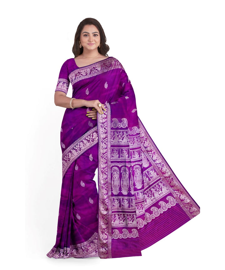 Biswa bangla purple silver silk handwoven baluchari saree