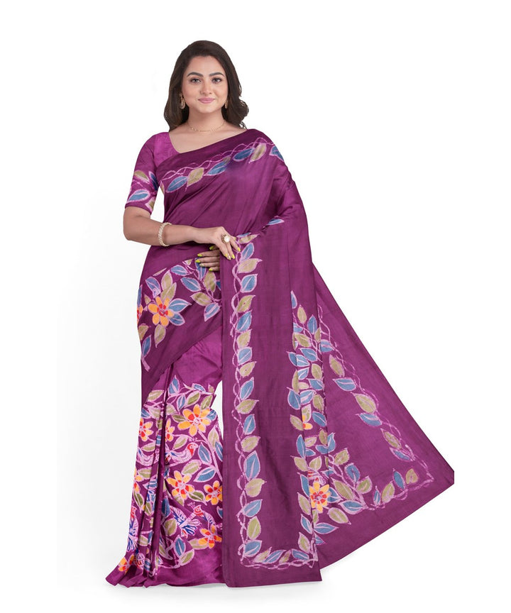 Purple silk batik print bengal saree