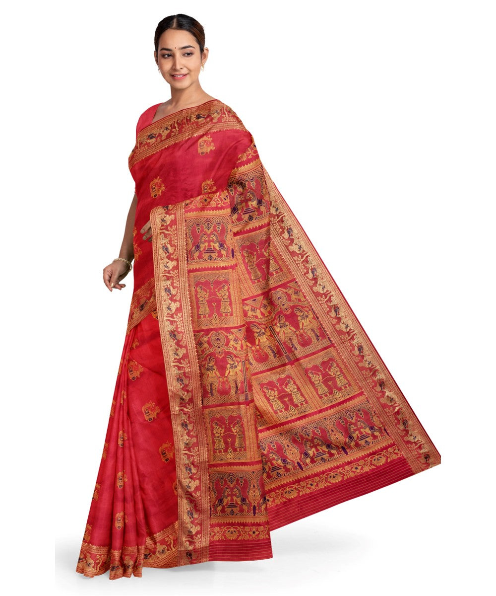 Biswa bangla red silk handloom baluchari saree