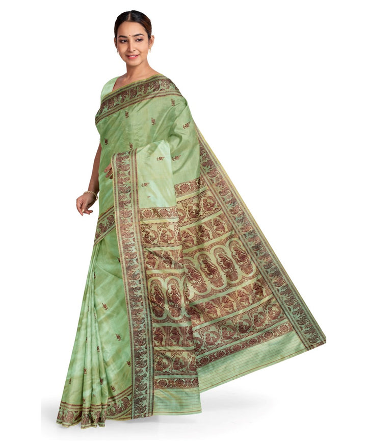 Biswa bangla olive green silk handwoven baluchari saree